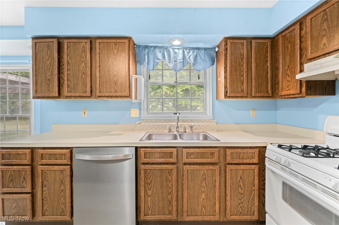 Kitchen with wood cabinets, blue walls, a window above the sink, and a stainless steel dishwasher.