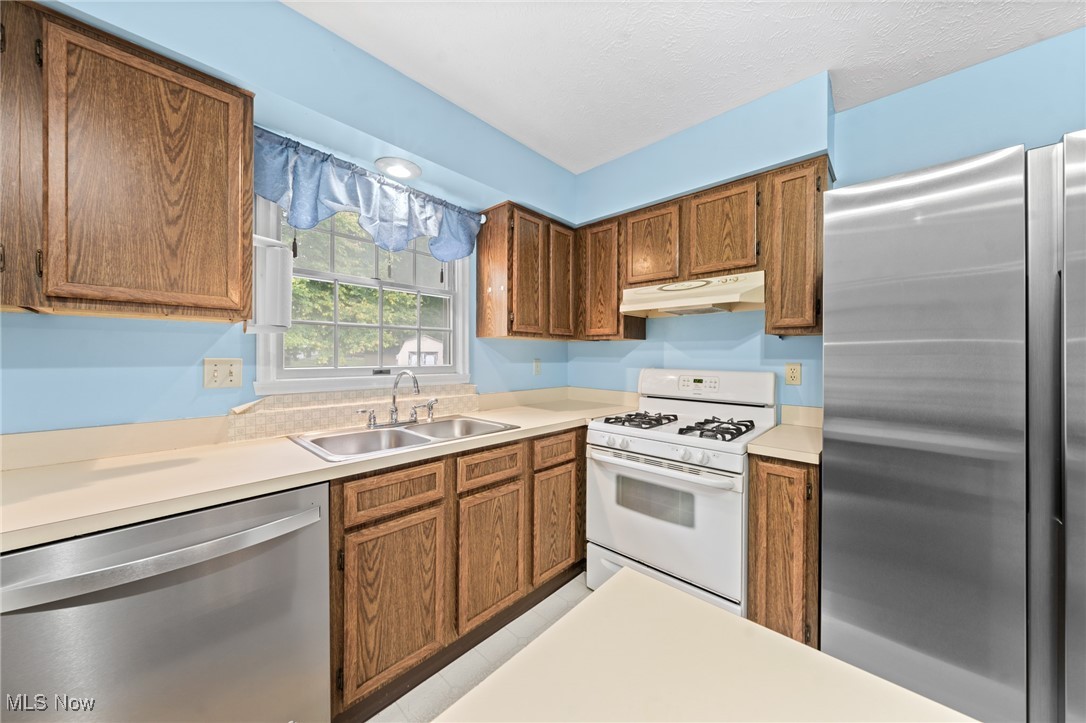 Kitchen with wood cabinets, blue walls, stainless steel appliances, and a window above the sink.