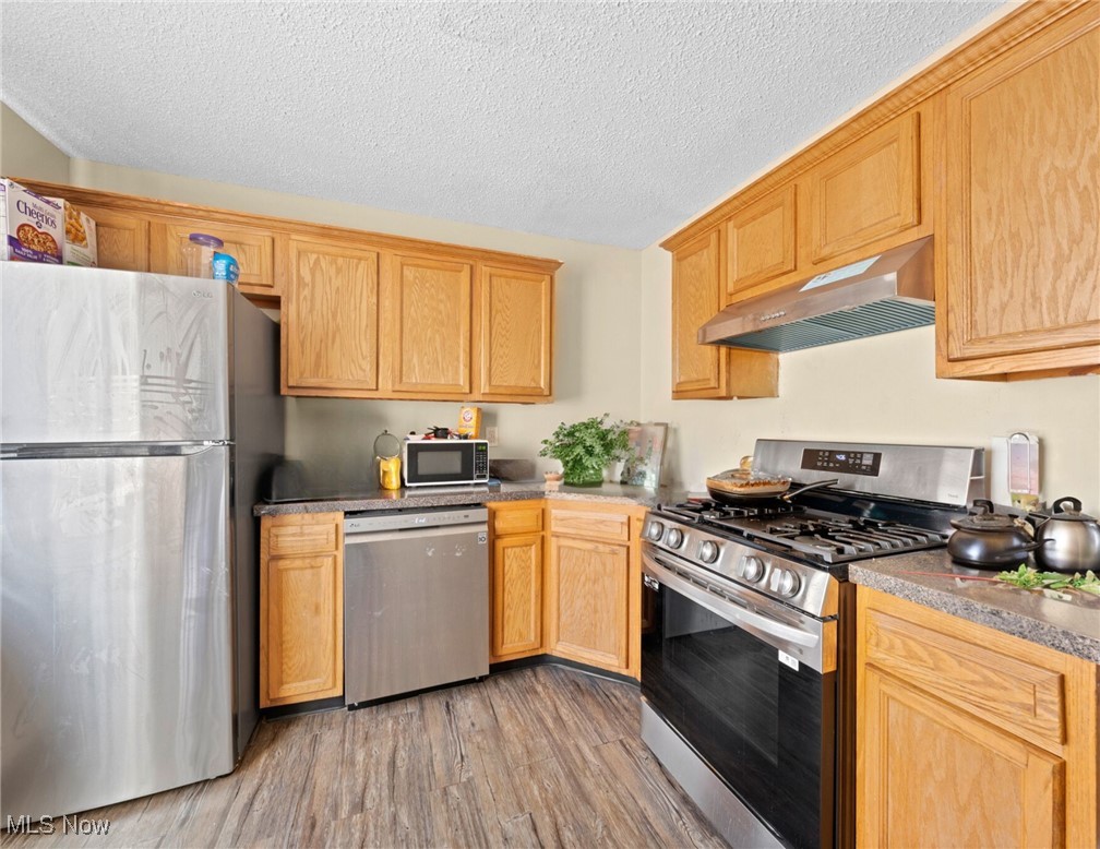 Kitchen with honey-toned cabinets, stainless appliances, and a large gas range.