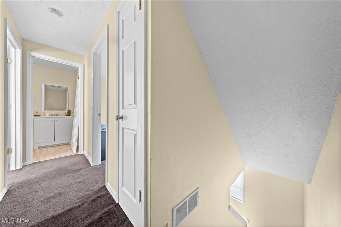 Carpeted hallway with a bathroom vanity at the end and stairs descending beside it.