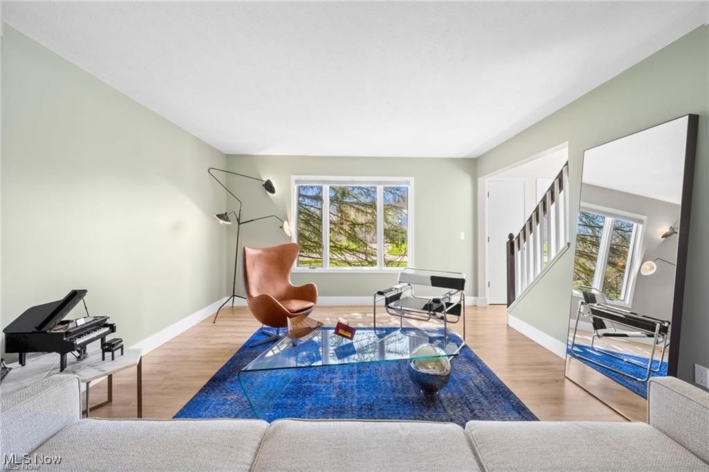 Living room with a blue rug, glass coffee table, leather lounge chair, and grand piano.