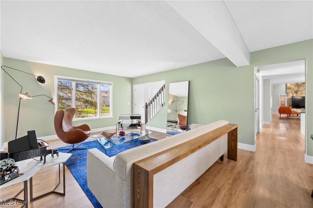 Living room with pale green walls, blue rug, sculptural brown chair, and white sofa with a wood frame.