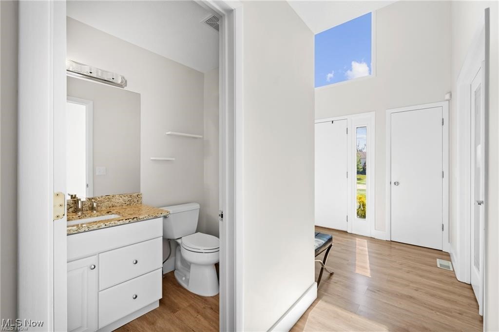 Bathroom vanity and toilet beside a bright entry foyer with wood flooring and a tall window.