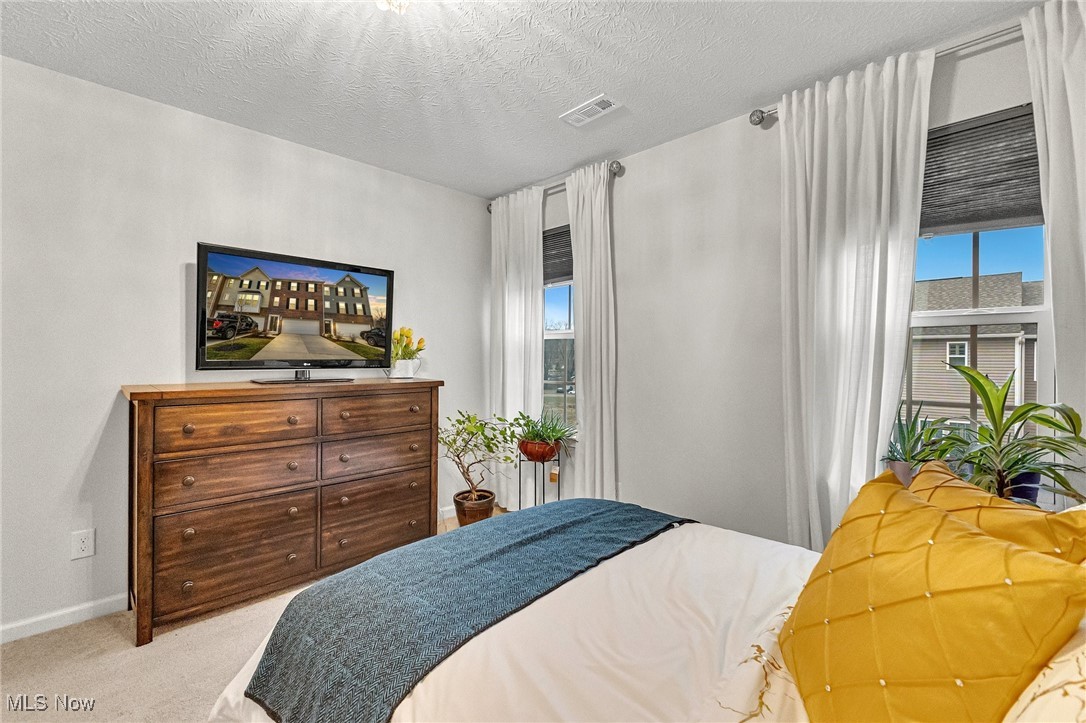Bedroom with a wooden dresser, television, blue bed throw, tall curtained windows, and potted plants.