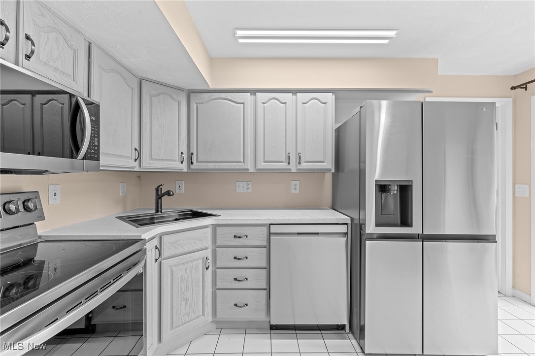 Kitchen with white cabinets, stainless steel appliances, and a double-basin sink.