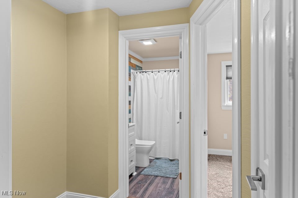 Hallway looking into a bathroom with a white shower curtain and an empty carpeted room beyond.