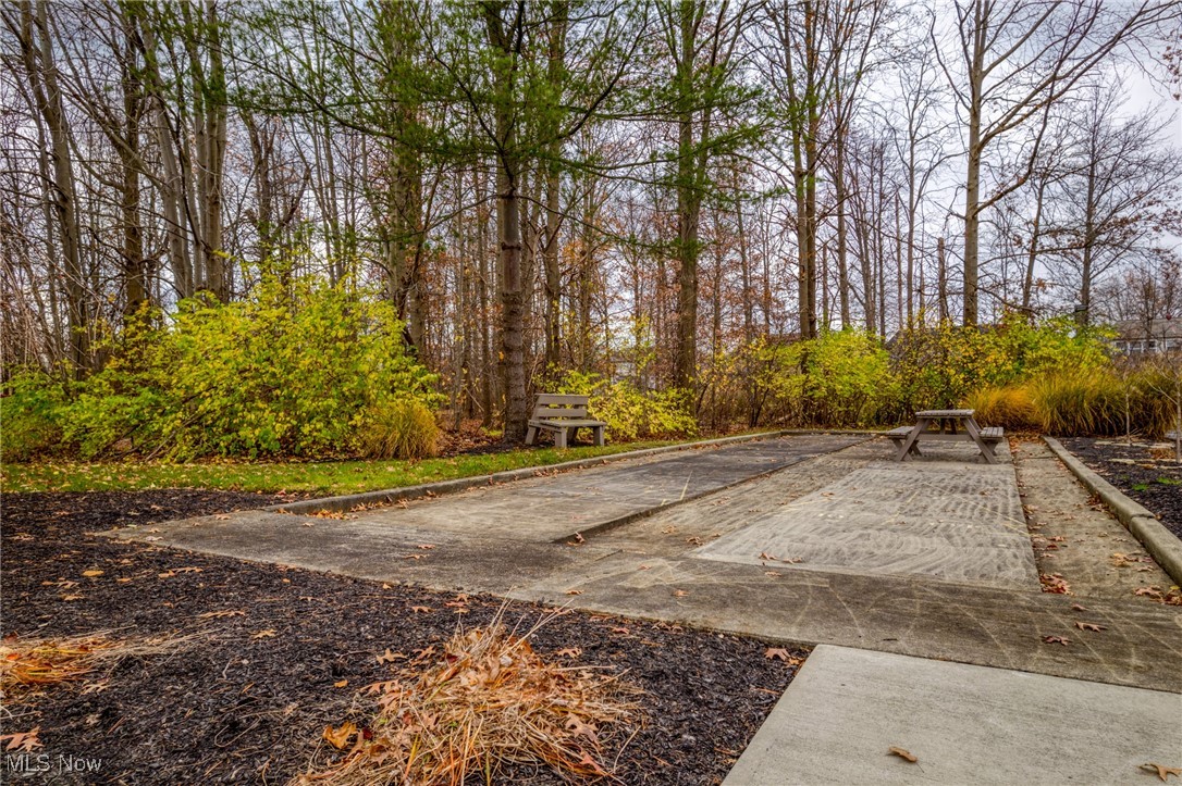 Outdoor concrete court with a bench and picnic table among autumn trees.