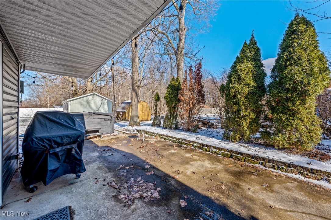 Covered patio with a hot tub, grill, sheds, and snow-dusted evergreens.