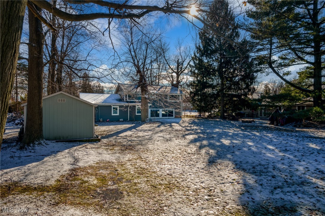 Blue house and green shed across a snow-dusted backyard framed by bare trees.