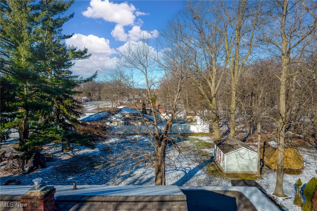 Snowy backyard with leafless trees, a white fence, two sheds, and the roof in the foreground.