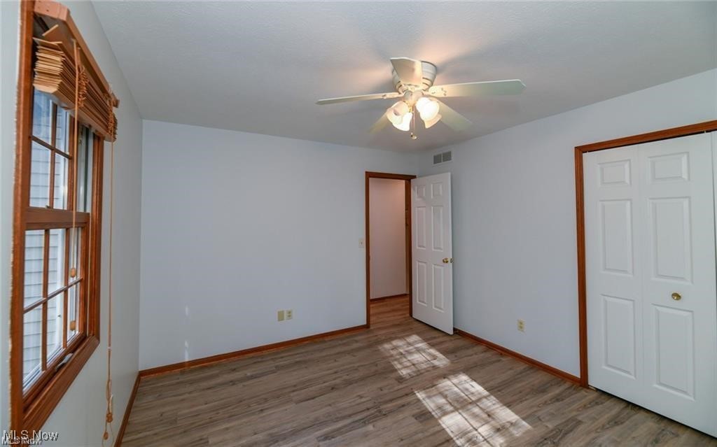 Empty bedroom with a ceiling fan, wood-look flooring, and sunlight through a wood-trimmed window.