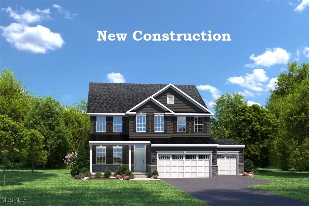 Two-story new-construction home with dark siding, white trim, a three-car garage, and landscaped lawn.