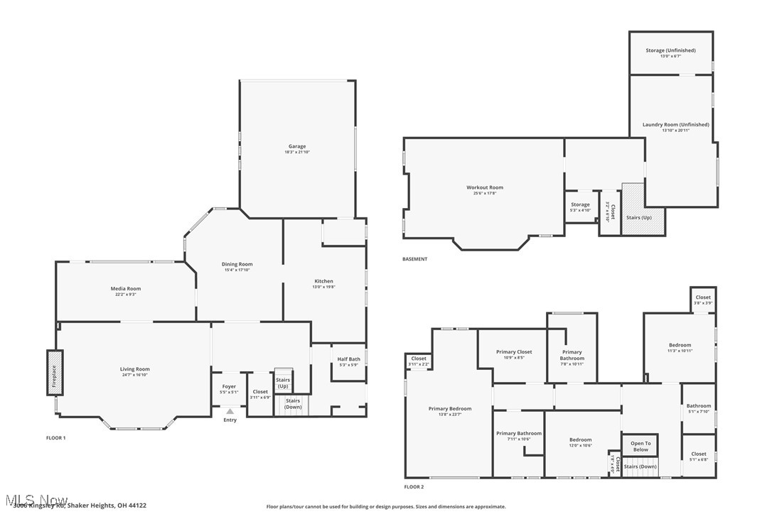 Floor plan of 3006 Kingsley Road showing the first floor, second floor, and basement.