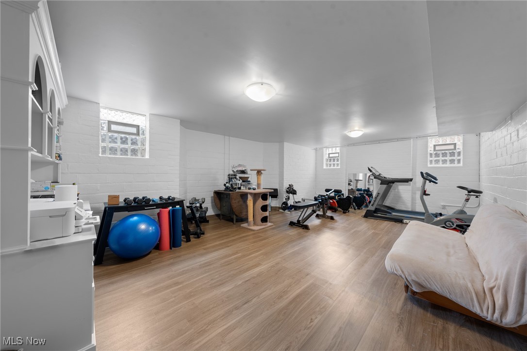 Basement gym with treadmill, stationary bike, weights, glass-block windows, and a covered sofa.