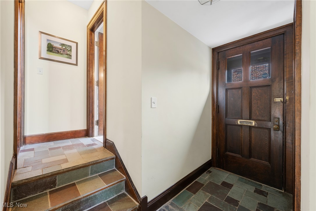 Entryway with a dark paneled wood door, multicolored slate flooring, and tiled steps to a raised hallway.