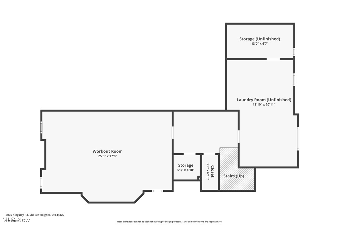 Basement floor plan with a large workout room, unfinished laundry room, storage, closet, and stairs.