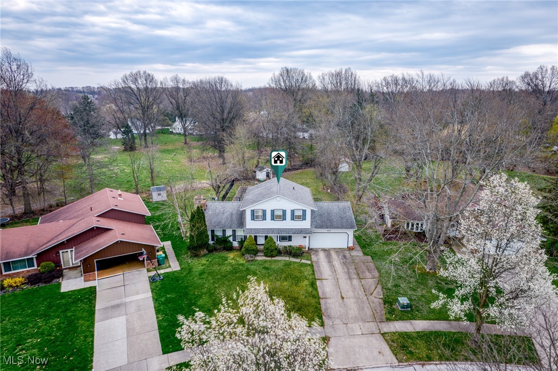 Aerial view of a two-story house with blue shutters, a long driveway, and flowering trees.