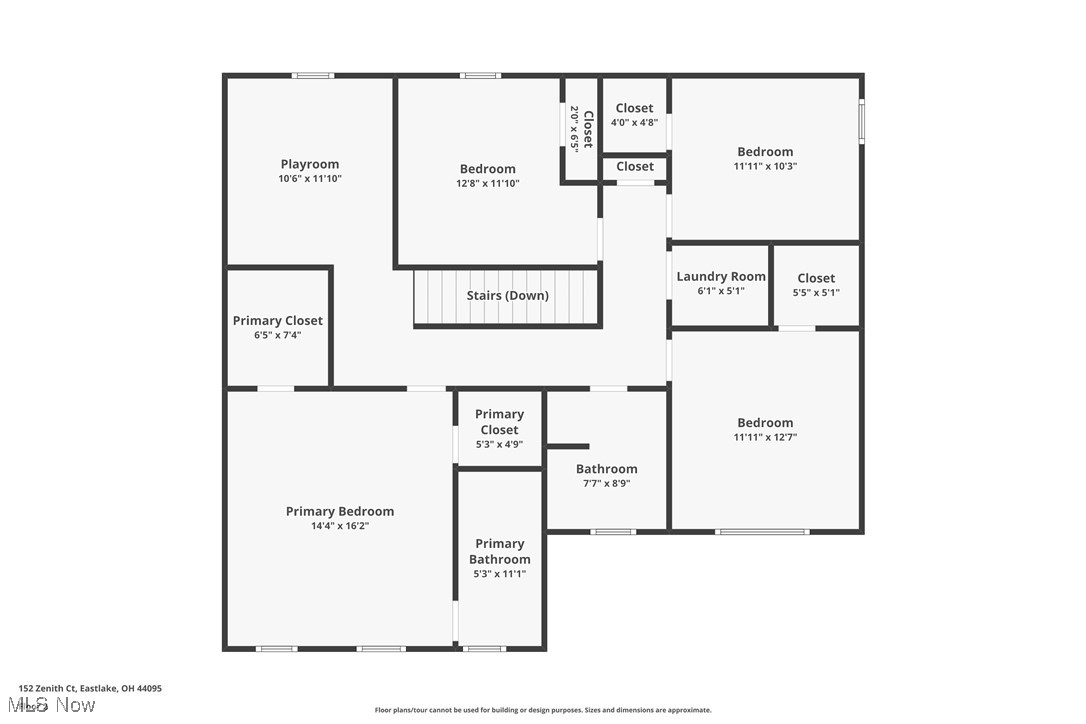 Floor plan showing four bedrooms, a playroom, laundry room, closets, and bathrooms.