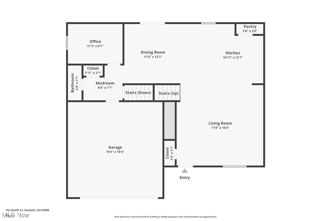 Floor plan of 152 Zenith Court showing the kitchen, living room, garage, office and room dimensions.
