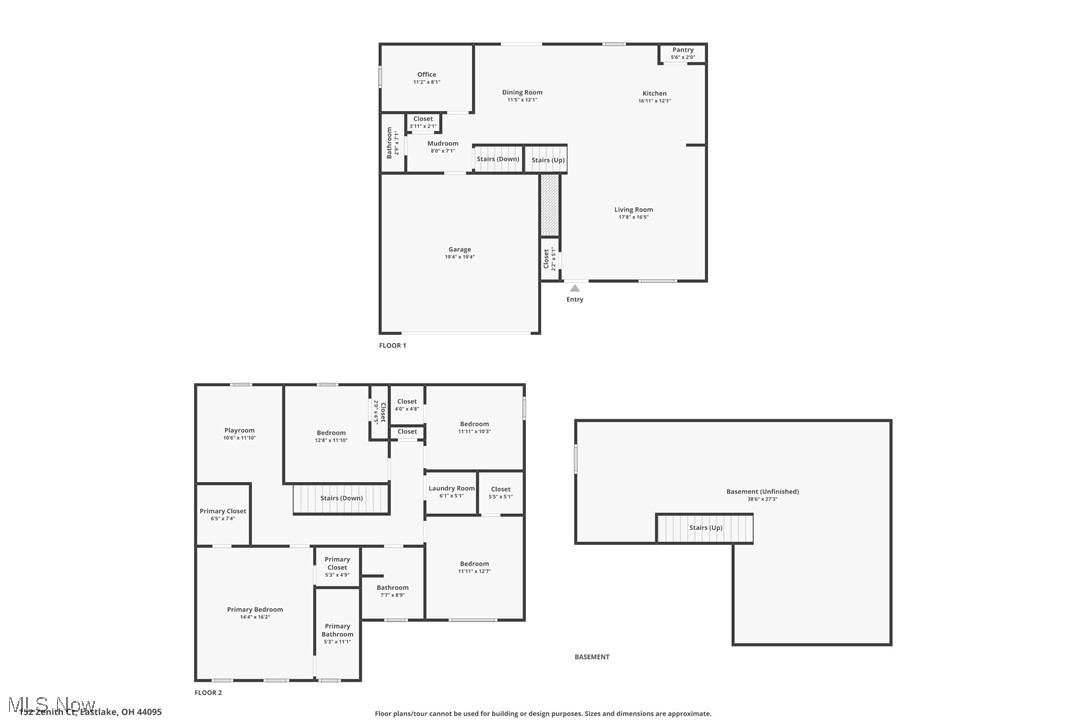 Floor plan showing the first and second floors and unfinished basement of 152 Zenith Court.