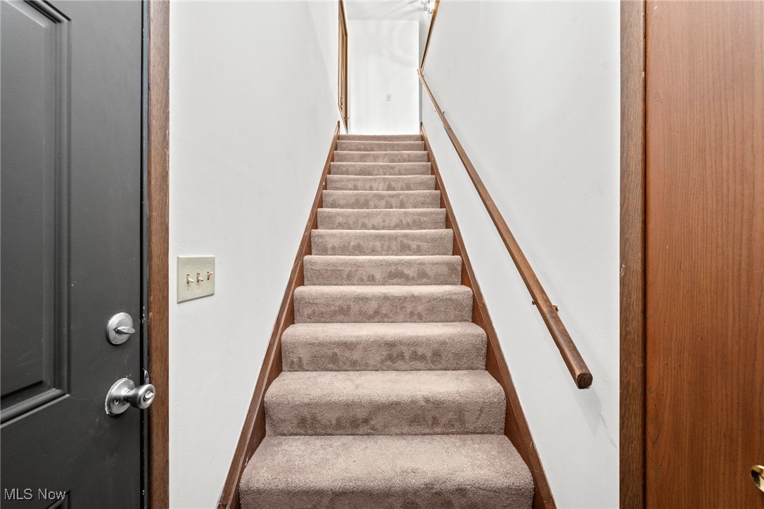 Carpeted staircase with white walls, wood trim, and a wooden handrail.