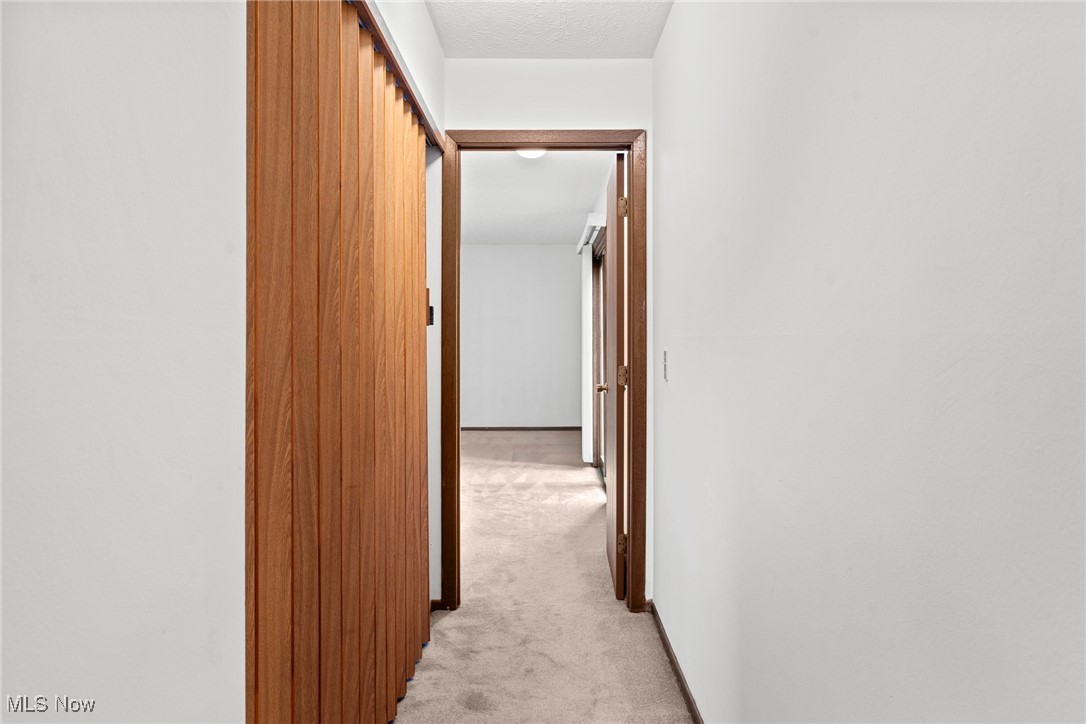 Hallway with beige carpet and wood-paneled closet doors leading to an empty room.