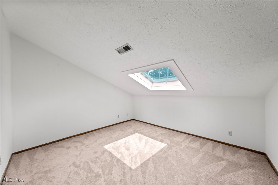 Empty carpeted room with a sloped ceiling and large skylight.