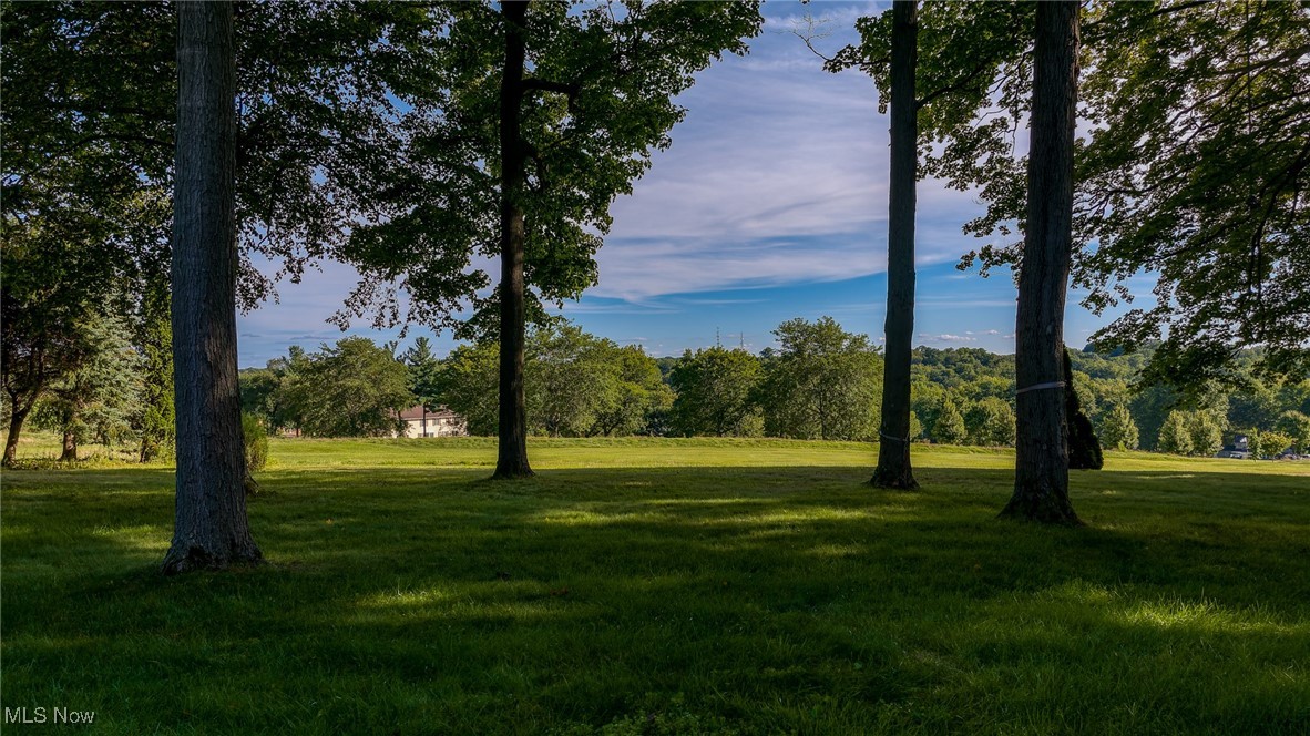 Expansive lawn framed by mature trees, with distant wooded hills and a house.