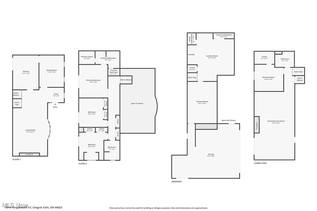 Four-part floor plan of 8819 Tanglewood Trail, with two floors, a basement, and a lower level.