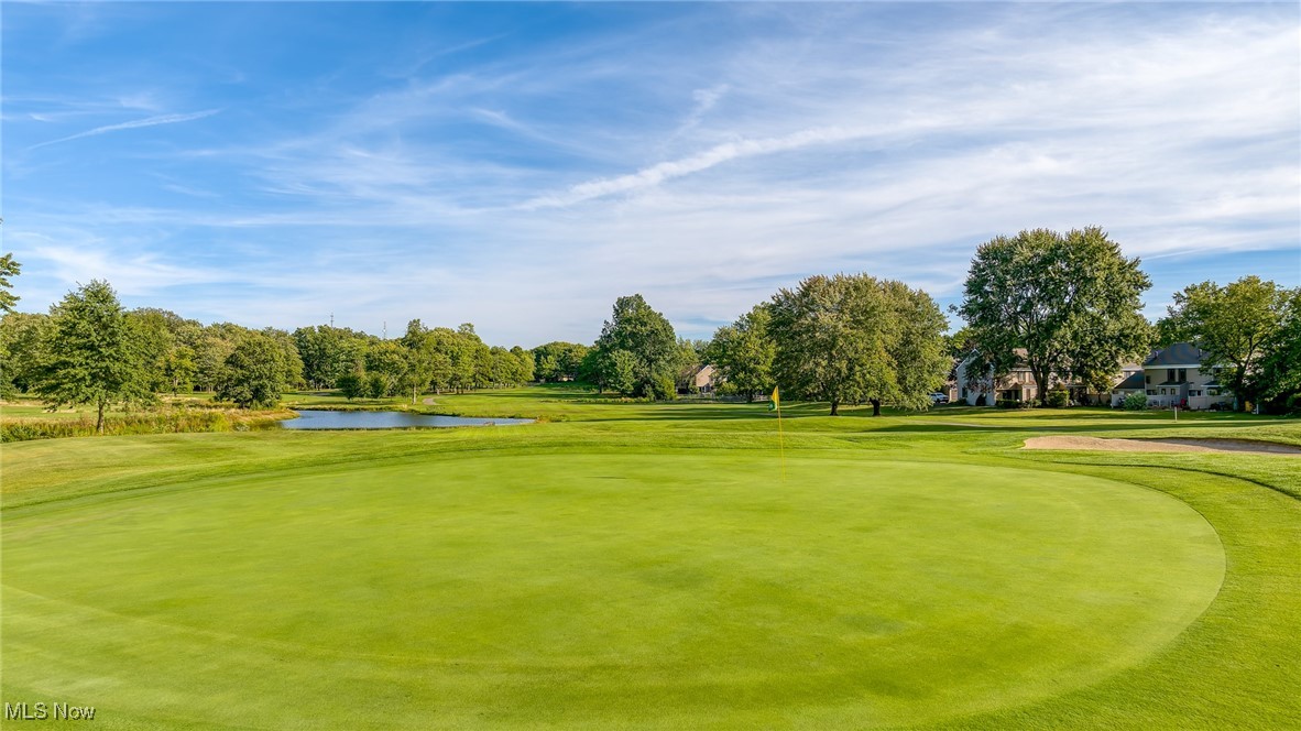 Golf course putting green with a pond and homes in the distance.