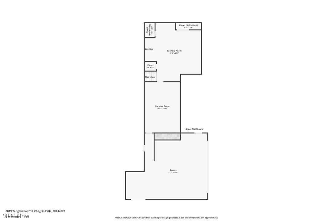 Floor plan showing the laundry room, furnace room, closets, stairs, and garage.