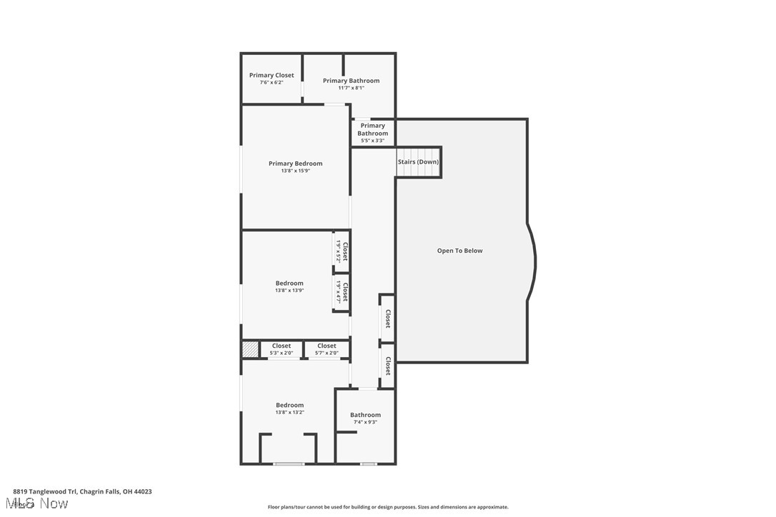 Upper-level floor plan with a primary suite, two bedrooms, and a large open-to-below area.