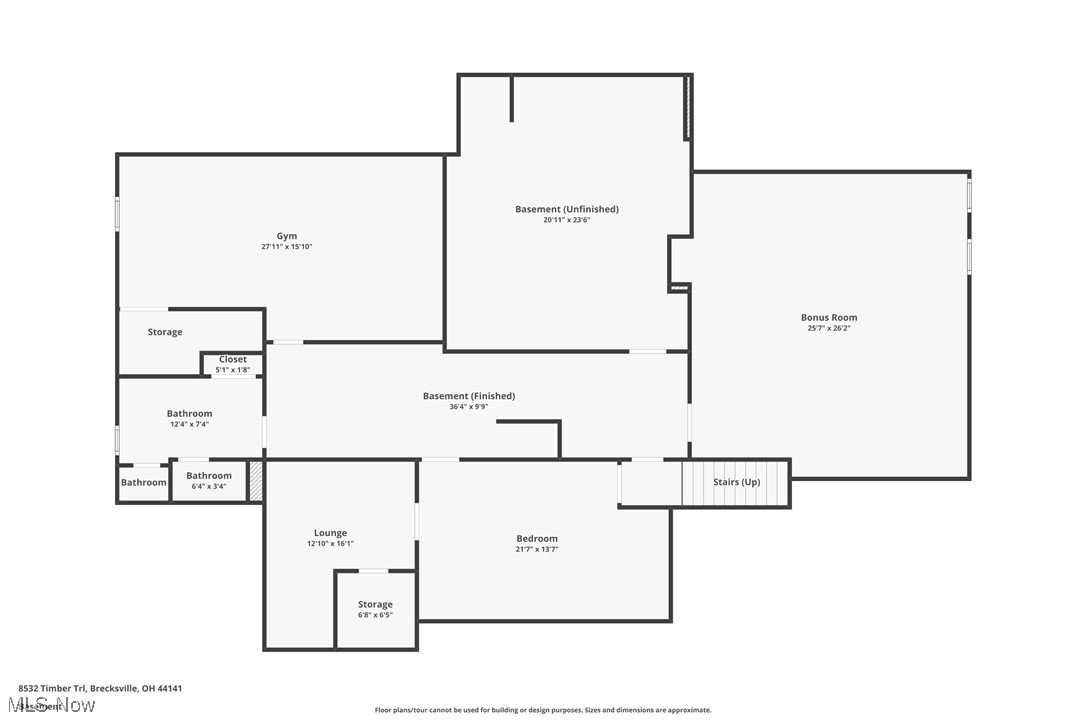 Basement floor plan showing a gym, bonus room, bedroom, lounge, bathrooms, storage, and room dimensions.