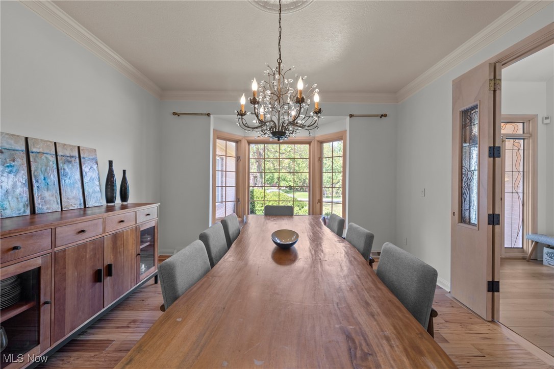 Dining room with a long wood table, chandelier, and tall windows overlooking a green lawn.