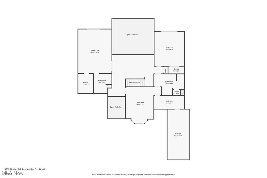 Second-floor plan showing four bedrooms, bathrooms, closets, storage, and two open-to-below areas.