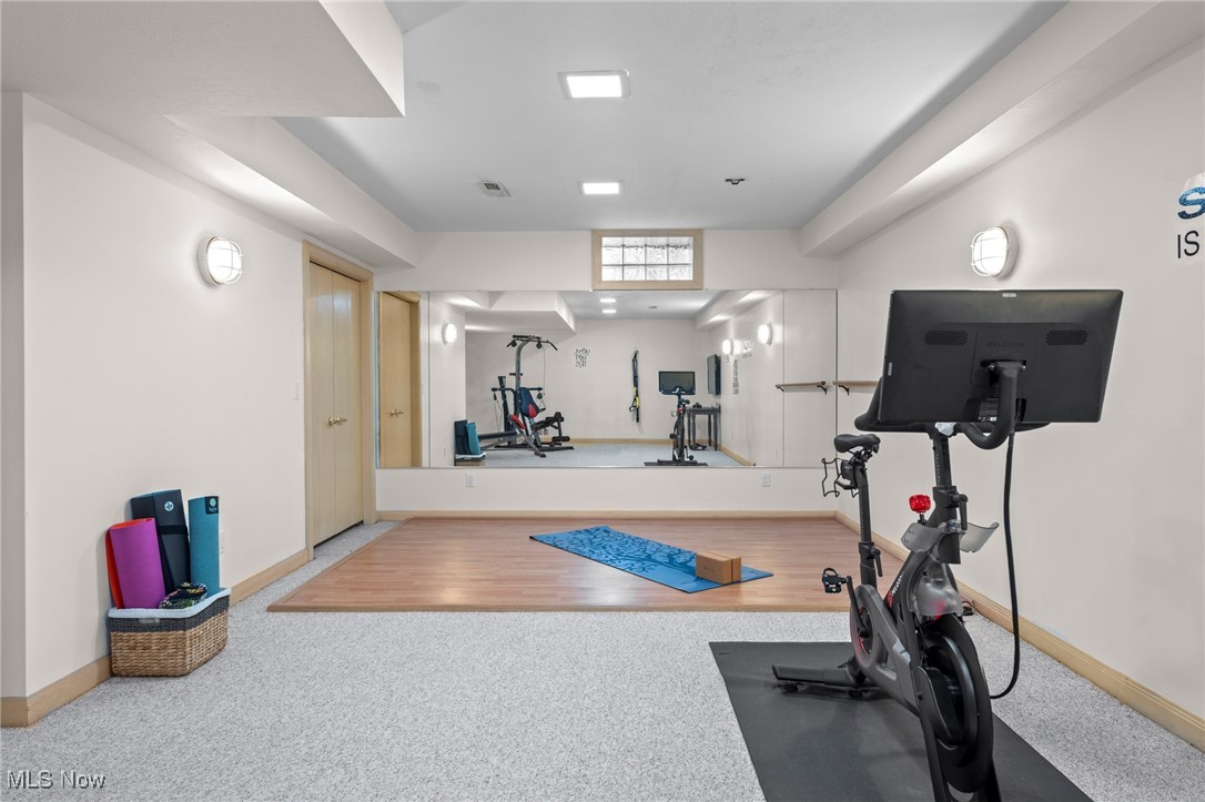 Basement gym with a stationary bike, mirrored wall, and yoga mat on a raised wood platform.