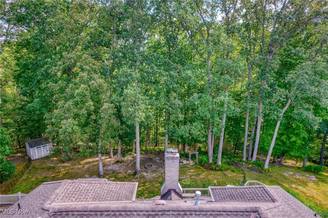 Aerial view over the home’s roof toward a wooded backyard, detached shed, and brick chimney.