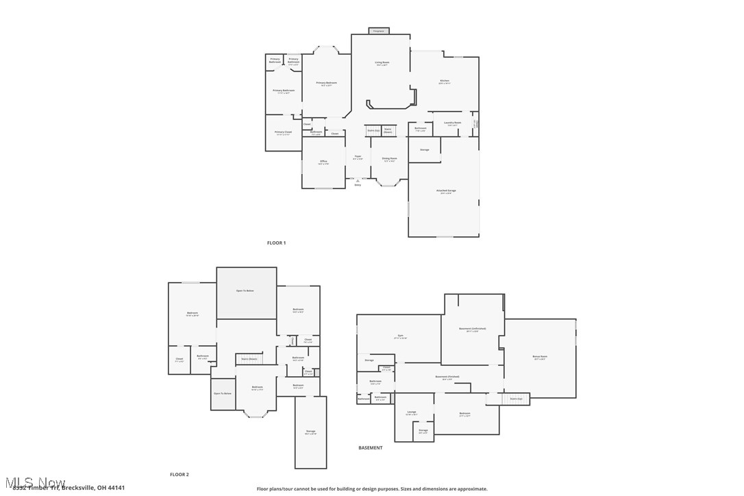 Three-level floor plan showing the first floor, second floor, and basement.