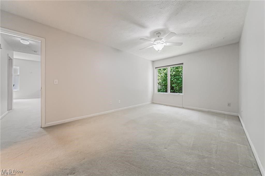 Empty carpeted bedroom with a ceiling fan and a window overlooking greenery.