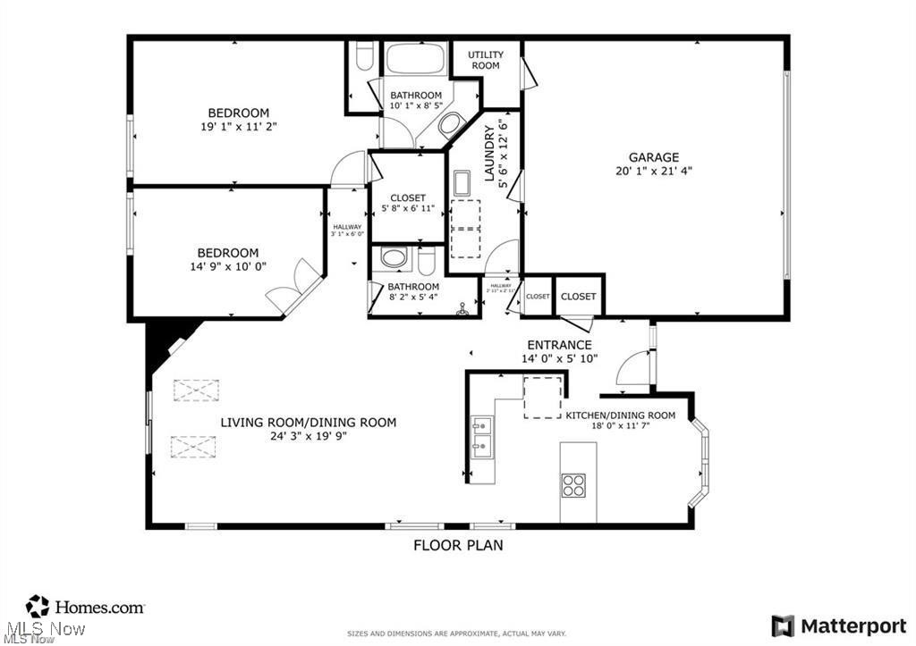 Floor plan showing two bedrooms, two bathrooms, open living and dining areas, and a large garage.