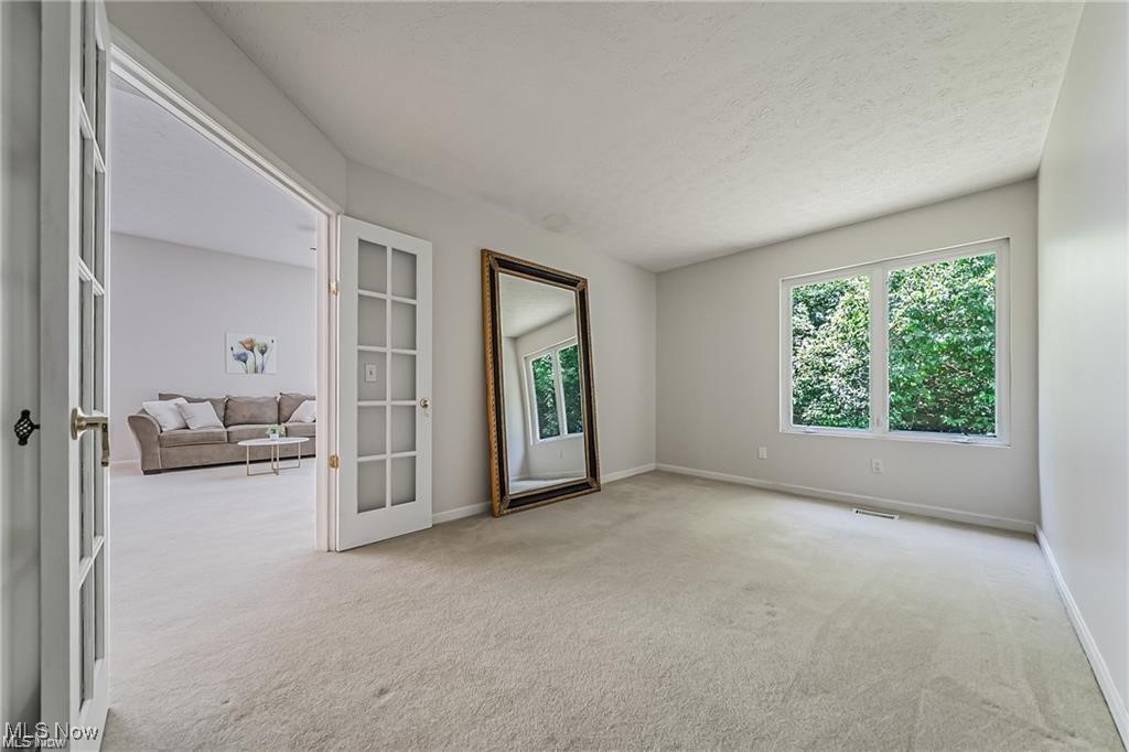 Carpeted interior room with a large window, leaning mirror, and glass-paneled doors to a sitting room.