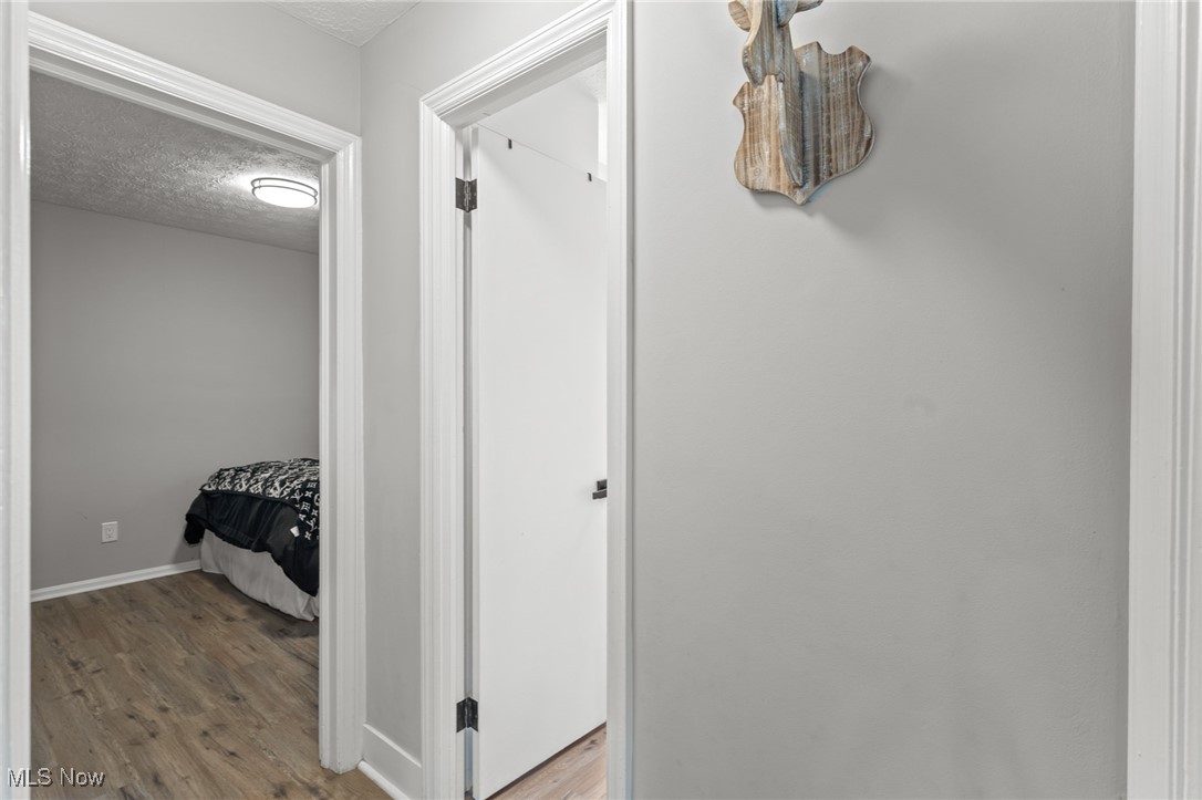 Gray hallway with white-trimmed doorways, wood-look flooring, and a view into a furnished bedroom.
