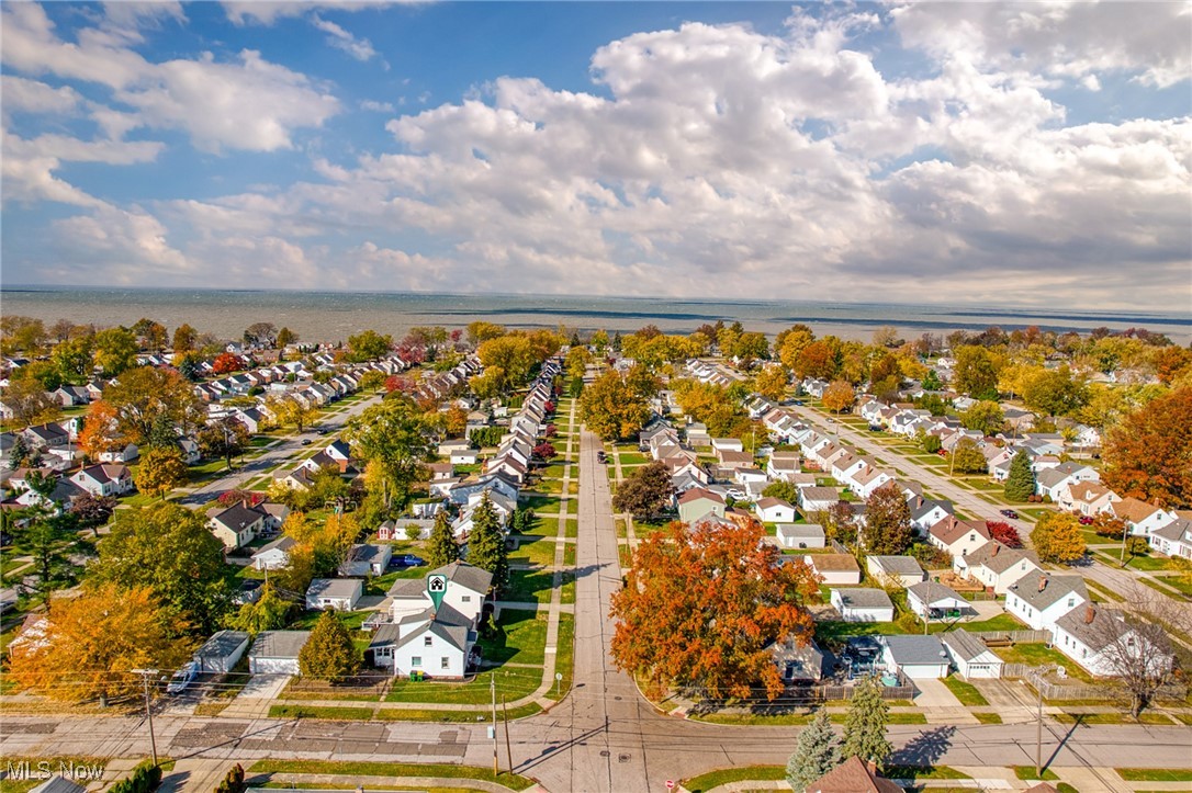 Aerial neighborhood view with autumn trees and a lake on the horizon.