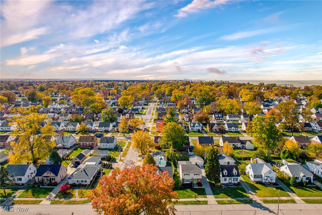 Aerial view of a residential neighborhood in autumn, with colorful trees and water on the horizon.