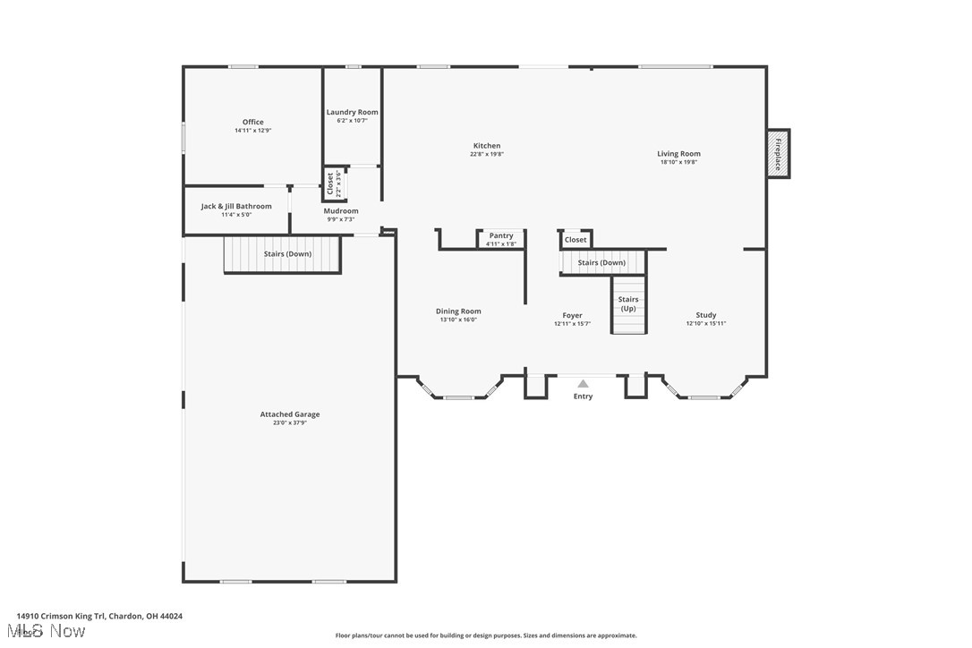 Floor plan showing labeled rooms, an attached garage, and room dimensions.
