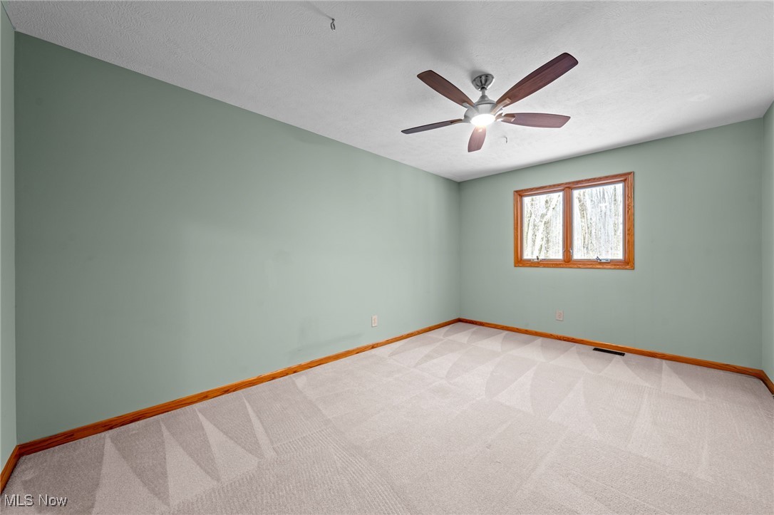Empty bedroom with sage-green walls, patterned carpet, a ceiling fan, and a small wood-framed window.