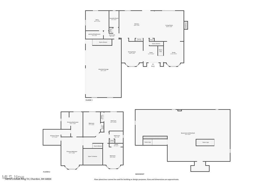 Three-level floor plan showing the home's rooms, attached garage, and unfinished basement.