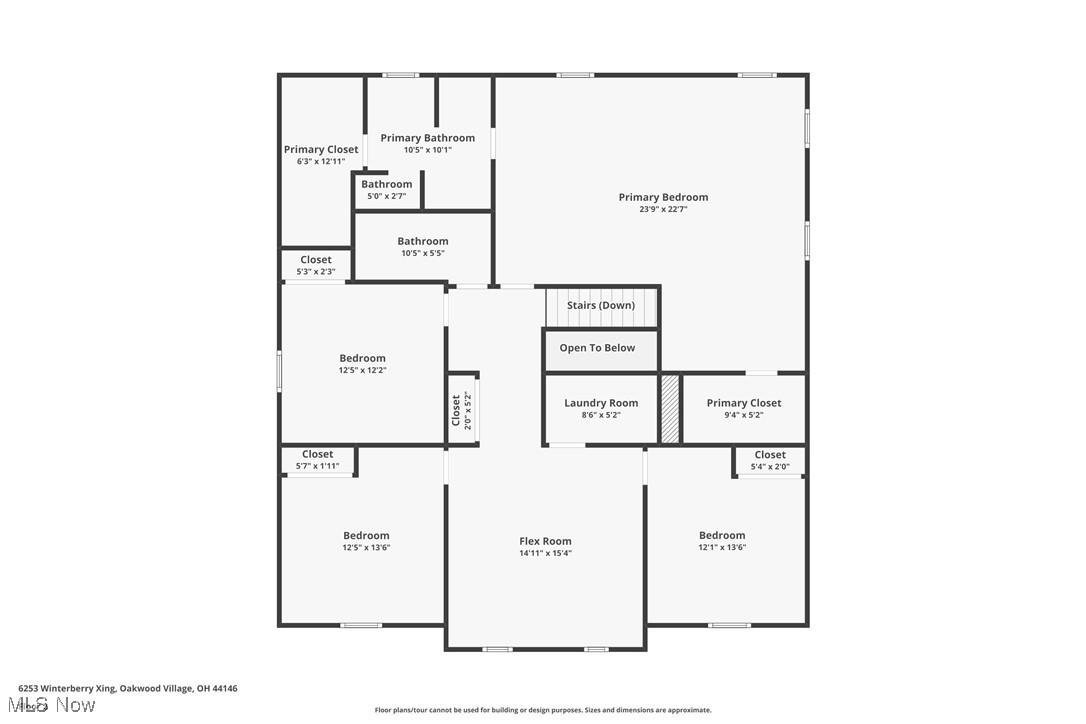 Upper-floor plan showing a primary suite, three bedrooms, flex room, laundry, and open-to-below area.