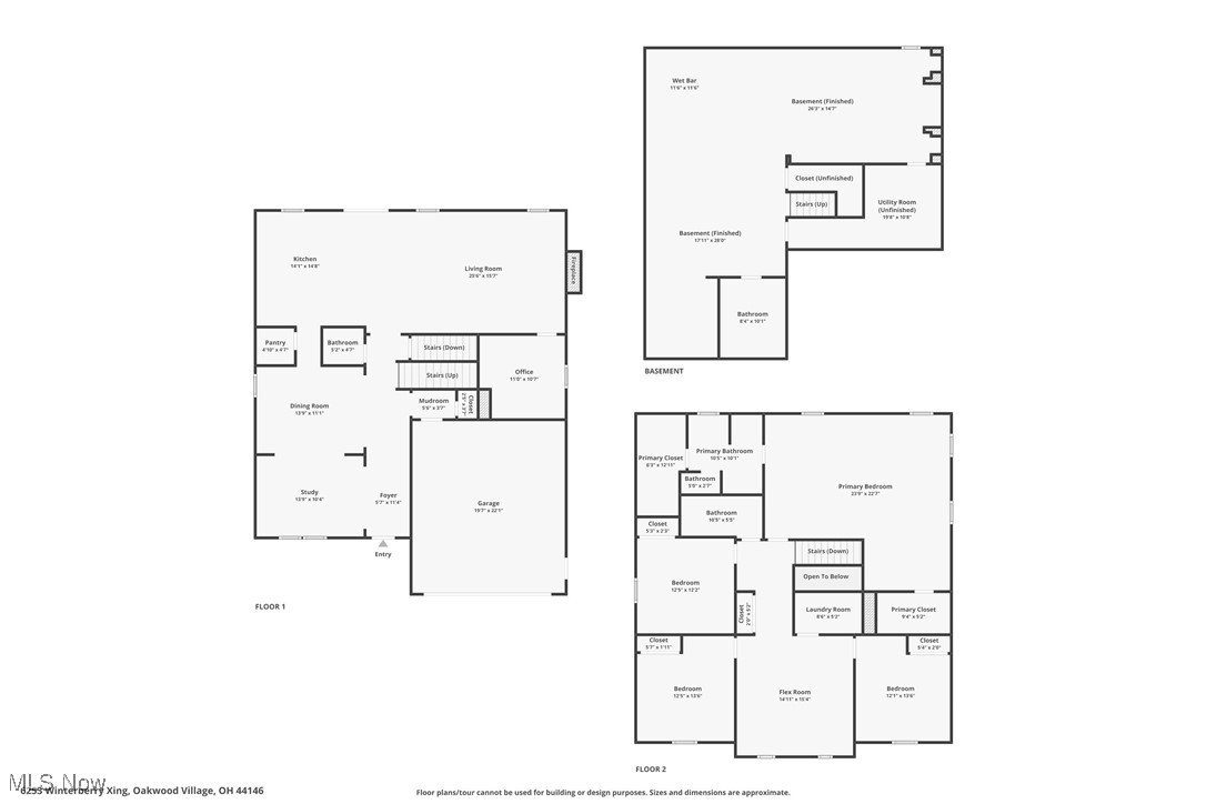 Three-level home floor plan showing the first floor, finished basement, and second-floor bedrooms and laundry room.