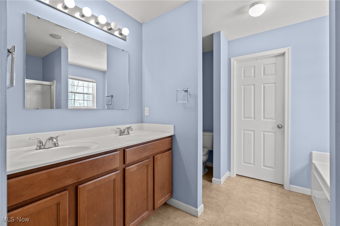 Bathroom with a double-sink wood vanity, light blue walls, and a toilet alcove.